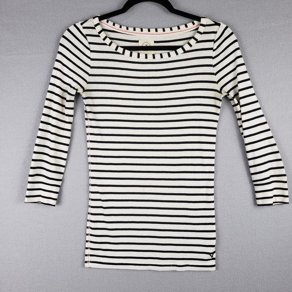 American Eagle Size S Elbow Sleeve Tee Black Cream Stripe Sailor Nautical Prep